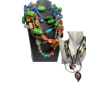 Festival Art Glass Bead Necklace Lot 7pc Boho Summer Colorful Statement Bundle